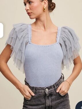 Tiered Ruffle Sleeve Smocked Blue Bodysuit